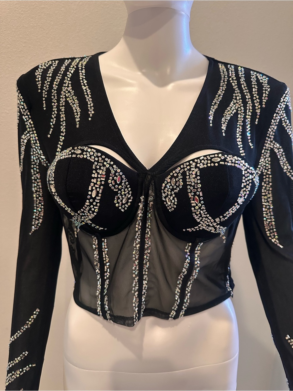 Black Rhinestone Mesh Bustier Top Long Sleeve Glam Festival Size Large
